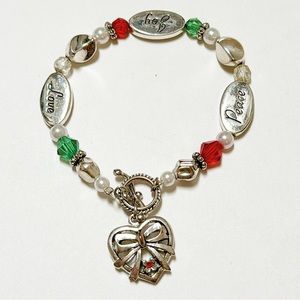 Christmas silver beaded peace joy love red green charm bracelet 8”